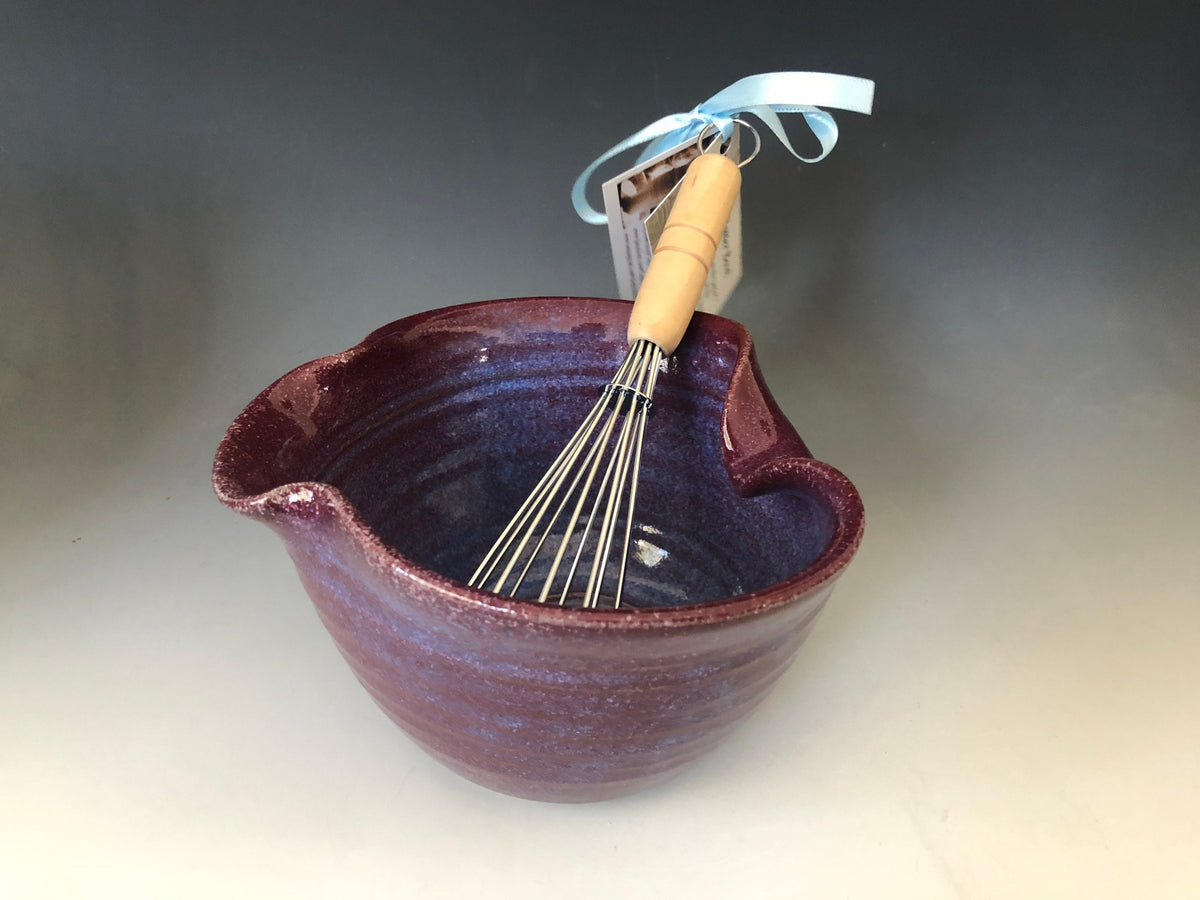 Pottery Mixing Bowl, With Whisk. Ergonomic Batter Bowl. Purple and Maroon pancake bowl. Bowl with whisk.