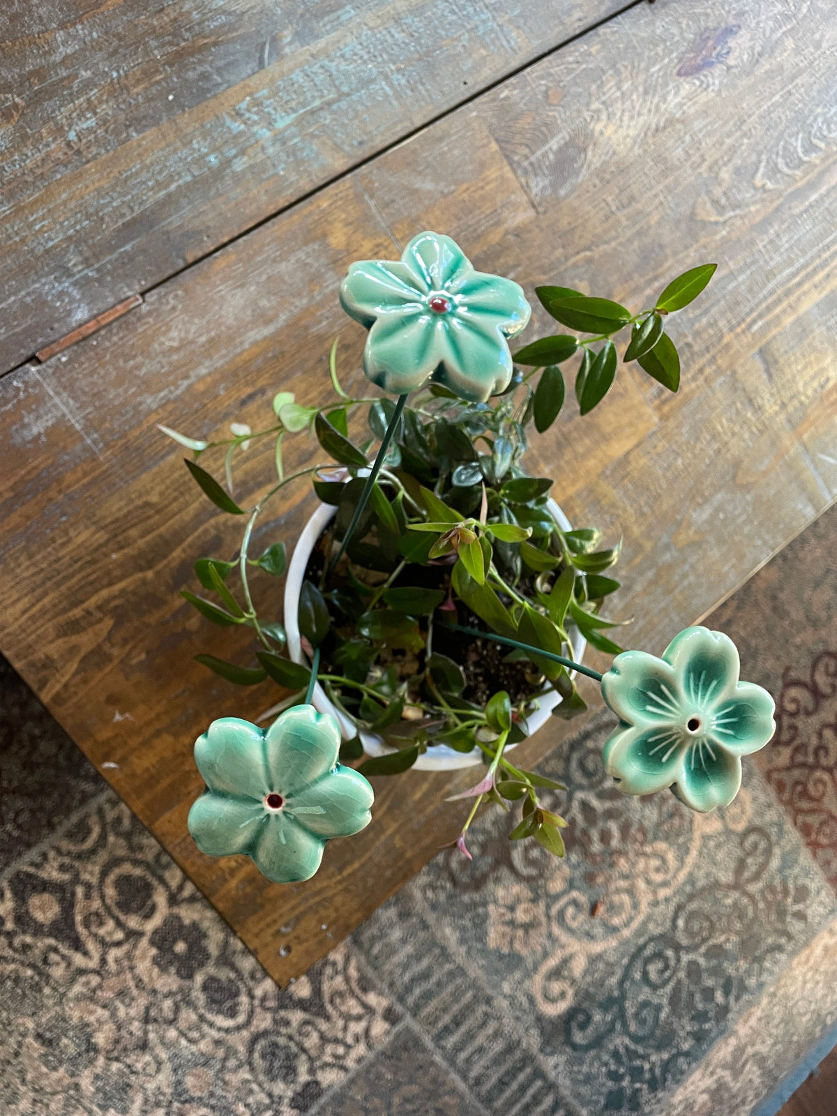 Handmade Ceramic Flower Plant Stick: Garden Accent Decor. Everlasting Valentine flower.