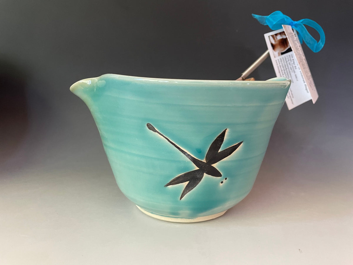 Handmade Pottery Dragonfly Mixing Bowl with whisk.Ergonomic Pottery Batter Bowl, Chef Gift. Pancake Bowl. Egg bowl. Gift for Mom.