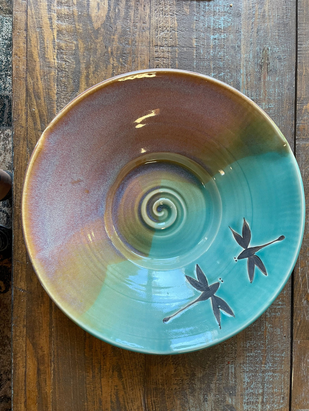 Handmade pottery platter. Dragonfly large ceramic dish. Pottery 12 inch by 2.5 inch fruit bowl.