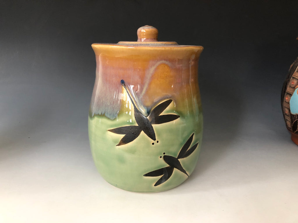 Handmade Pottery Cookie Jar. Dragonfly Kitchen Storage Container. Mint green kitchen crock. 5.5 inch coffee jar.