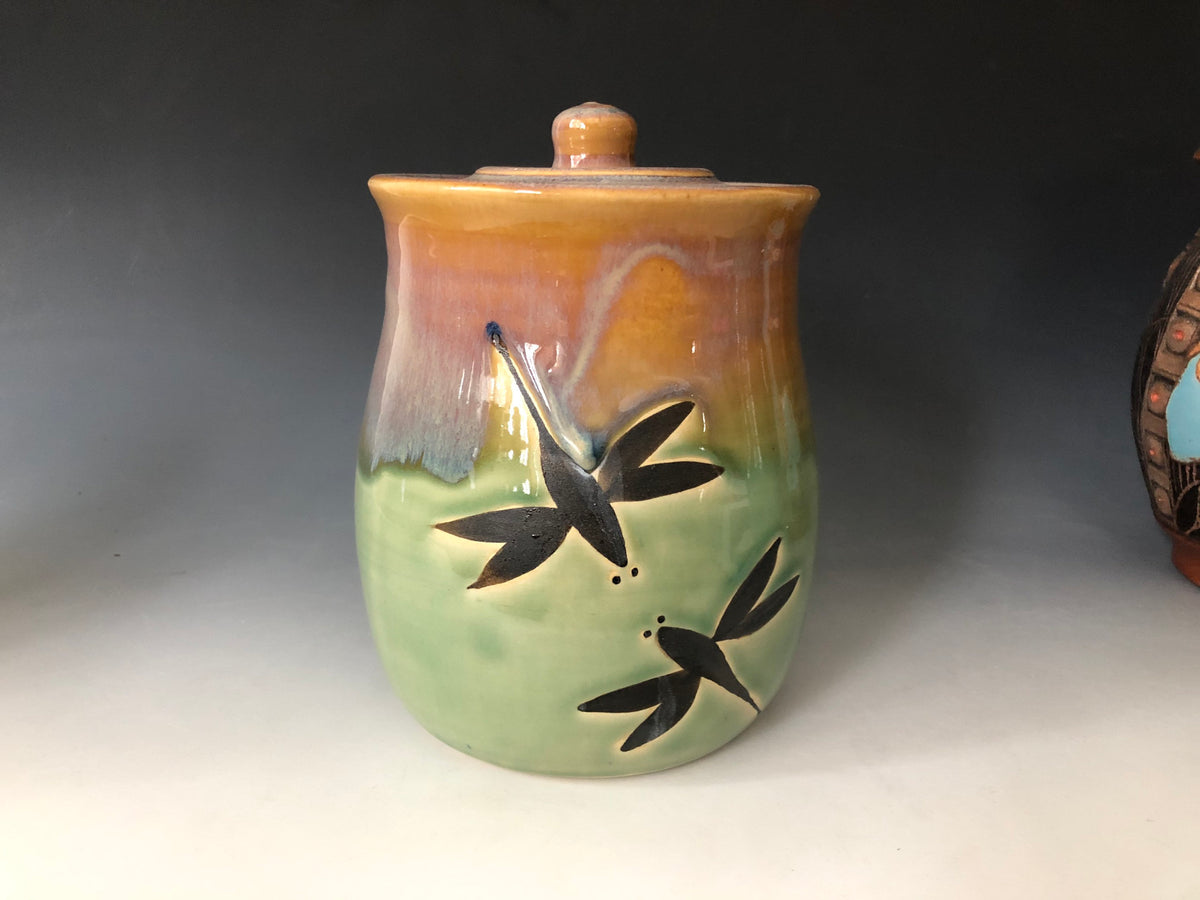 Handmade Pottery Cookie Jar. Dragonfly Kitchen Storage Container. Mint green kitchen crock. 5.5 inch coffee jar.