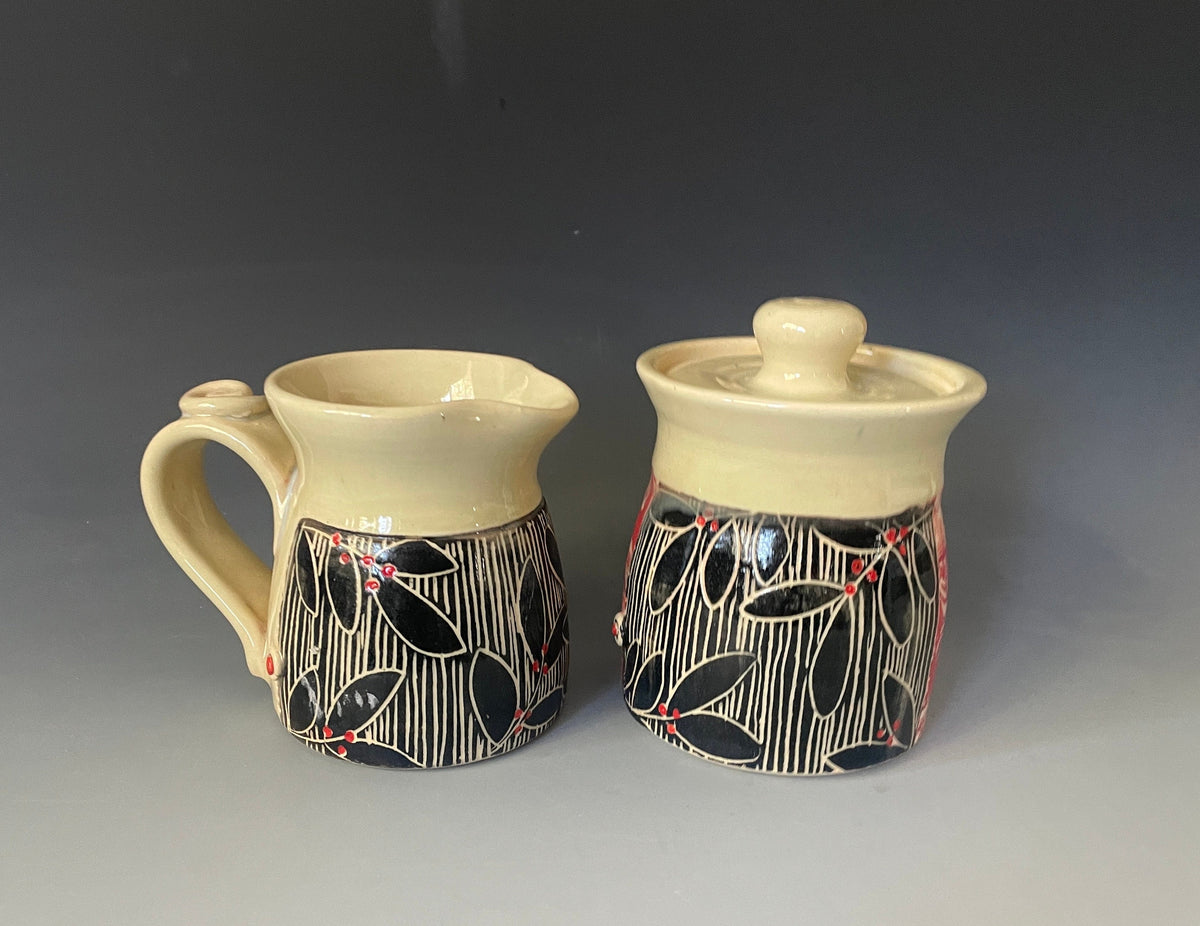 Pottery Cream and Sugar Set, Leaf design kitchen decor. black white and Red Breakfast Set, Handmade Pottery Kitchen Set.