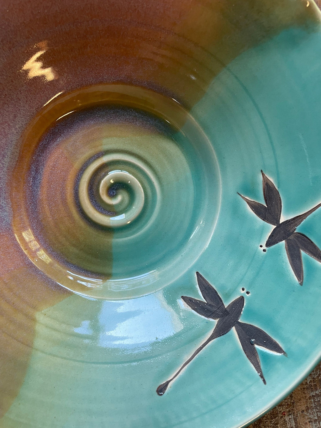Handmade pottery platter. Dragonfly large ceramic dish. Pottery 12 inch by 2.5 inch fruit bowl.