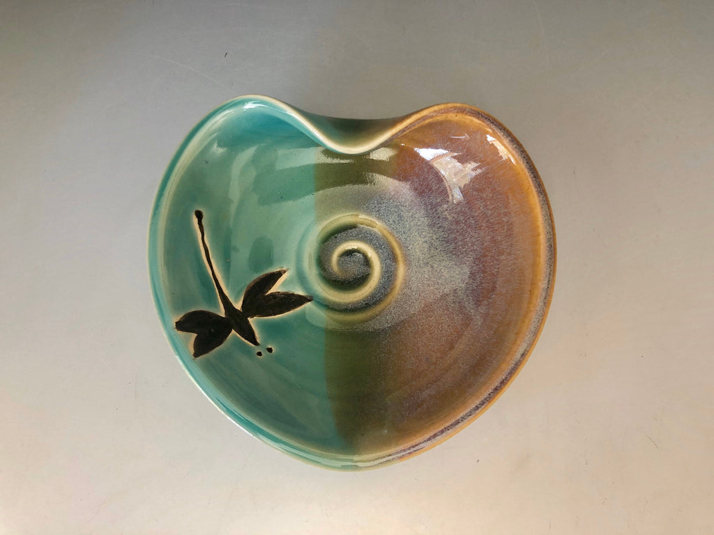 Pottery Dragonfly Heart Bowl: Handmade Teal Jewelry Dish. Made in the USA.