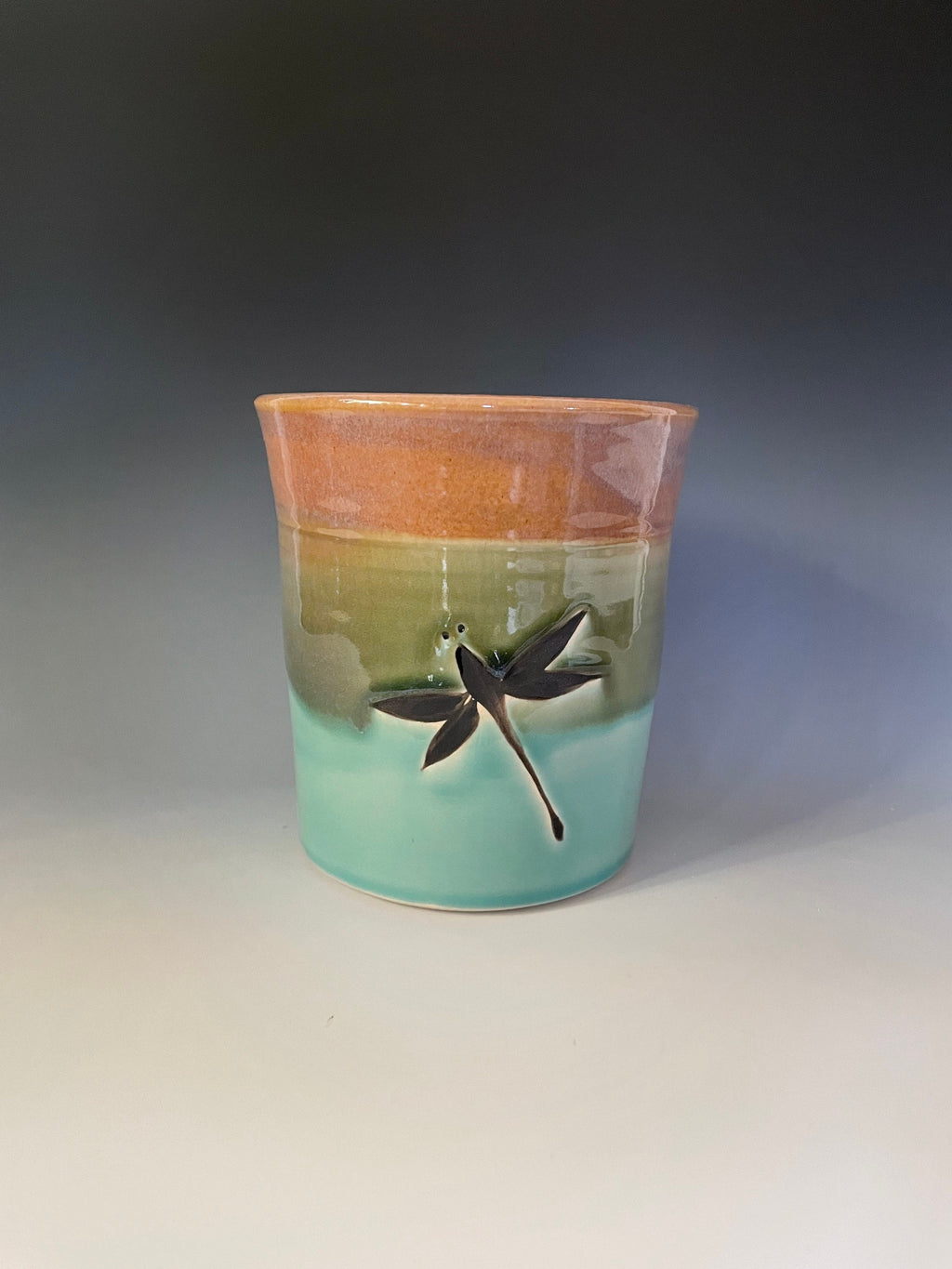 Handmade Pottery Dragonfly Vase: Teal Kitchen Crock, Colorado Art. Ceramic utensil jar.