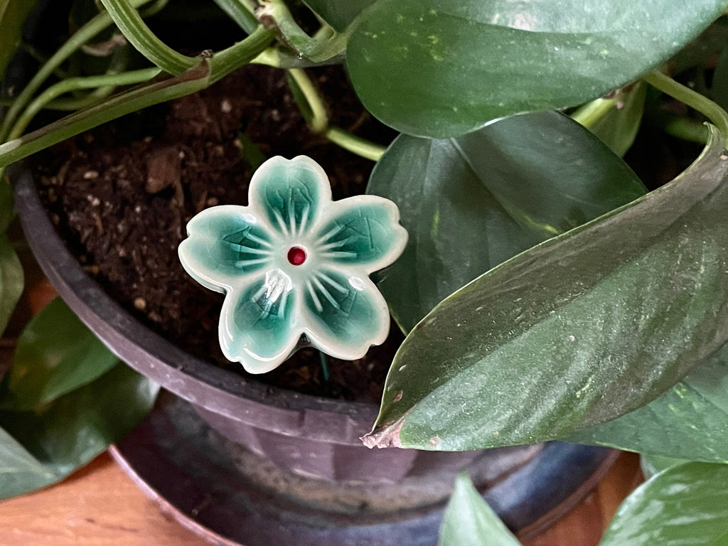 Handmade Ceramic Flower Plant Stick: Garden Accent Decor. Everlasting Valentine flower.