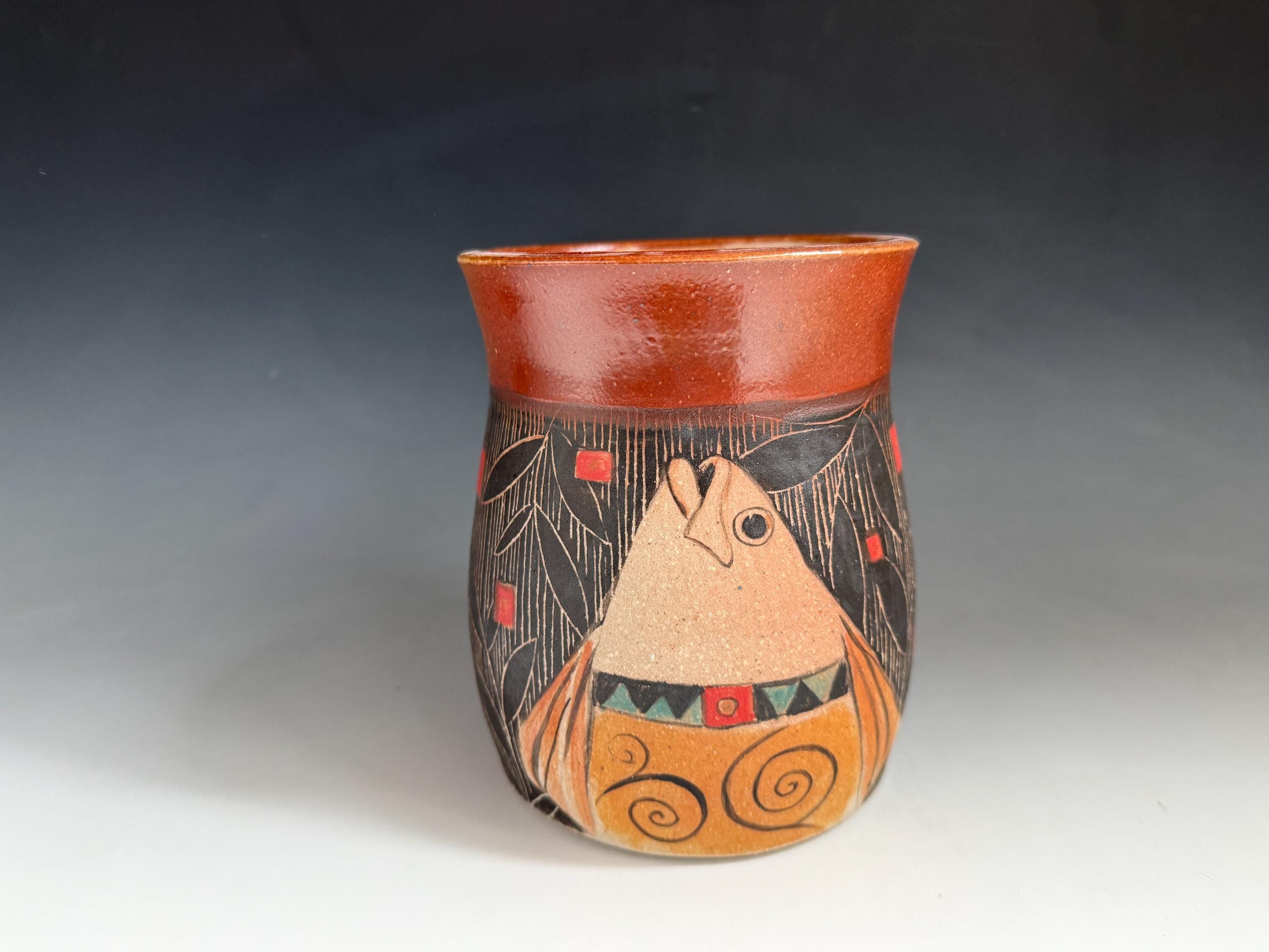 Art Nouveau Fish Vase, Hand-Painted Sgraffito Soda Fired Pottery