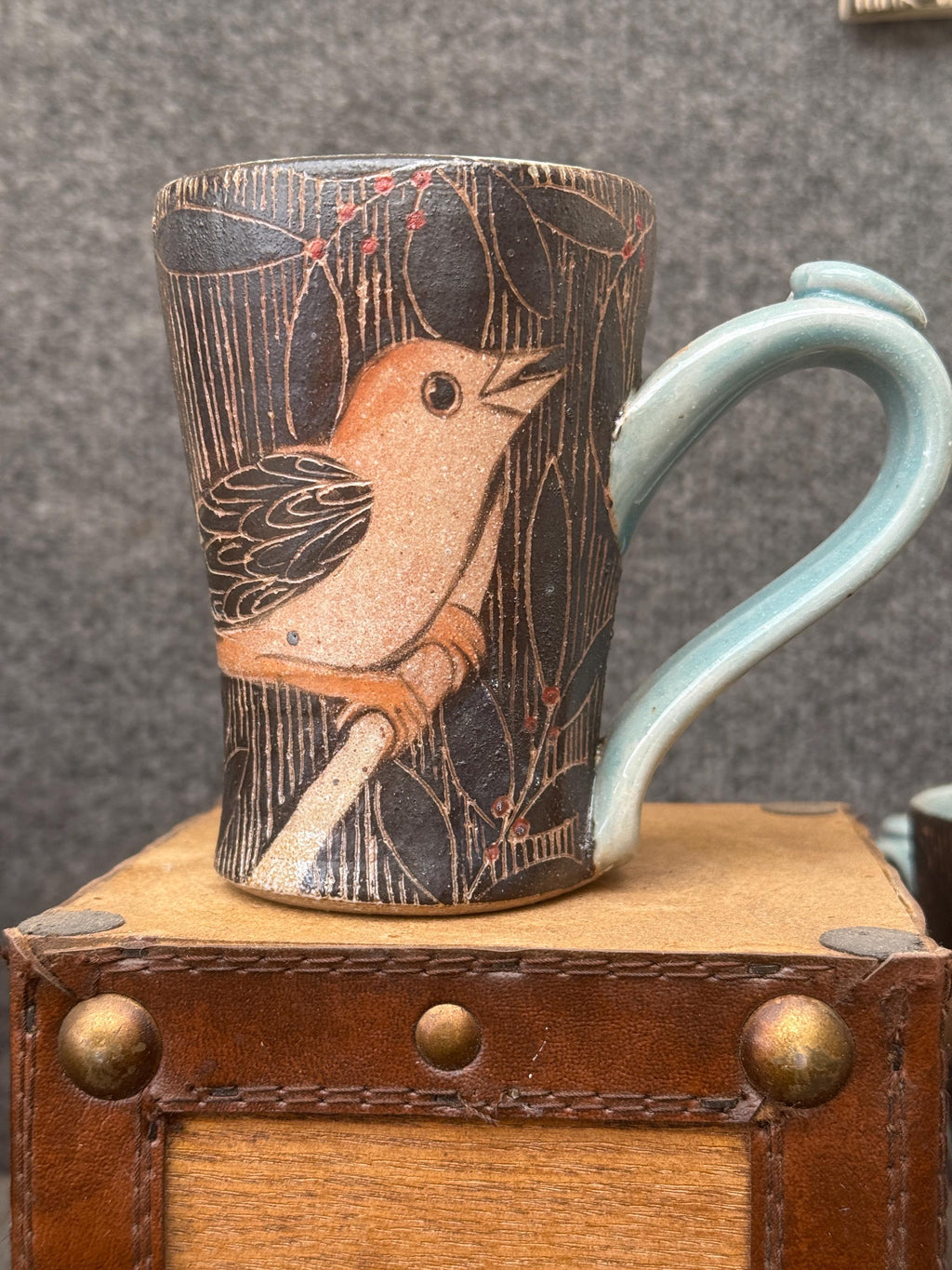 Handmade pottery bird coffee cup, 10 ounce soda fired mug.
