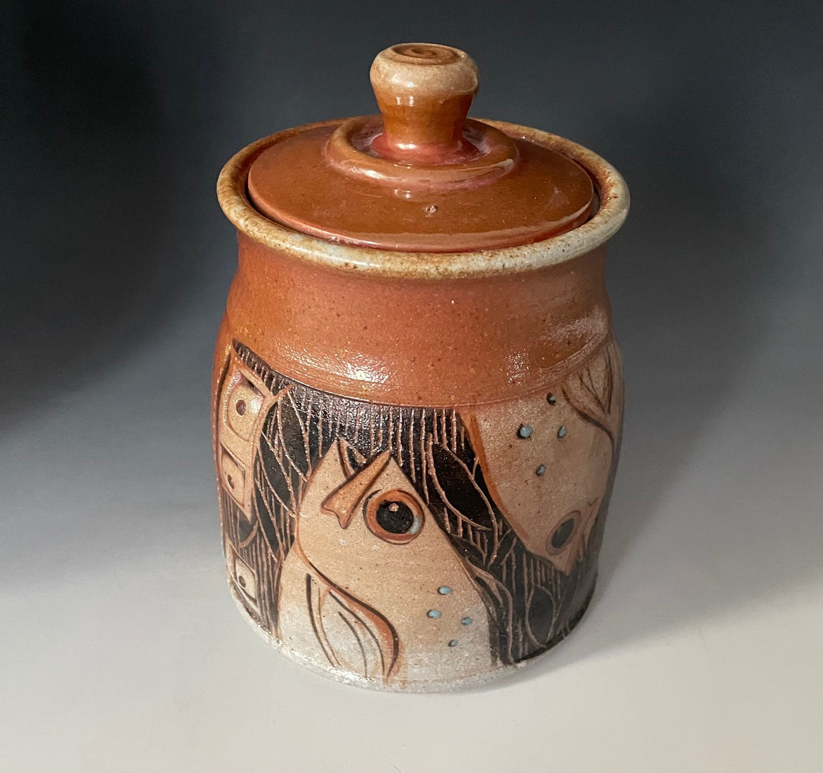 Unique handmade pottery jar, fish pottery utensil  jar, small crock for tools.