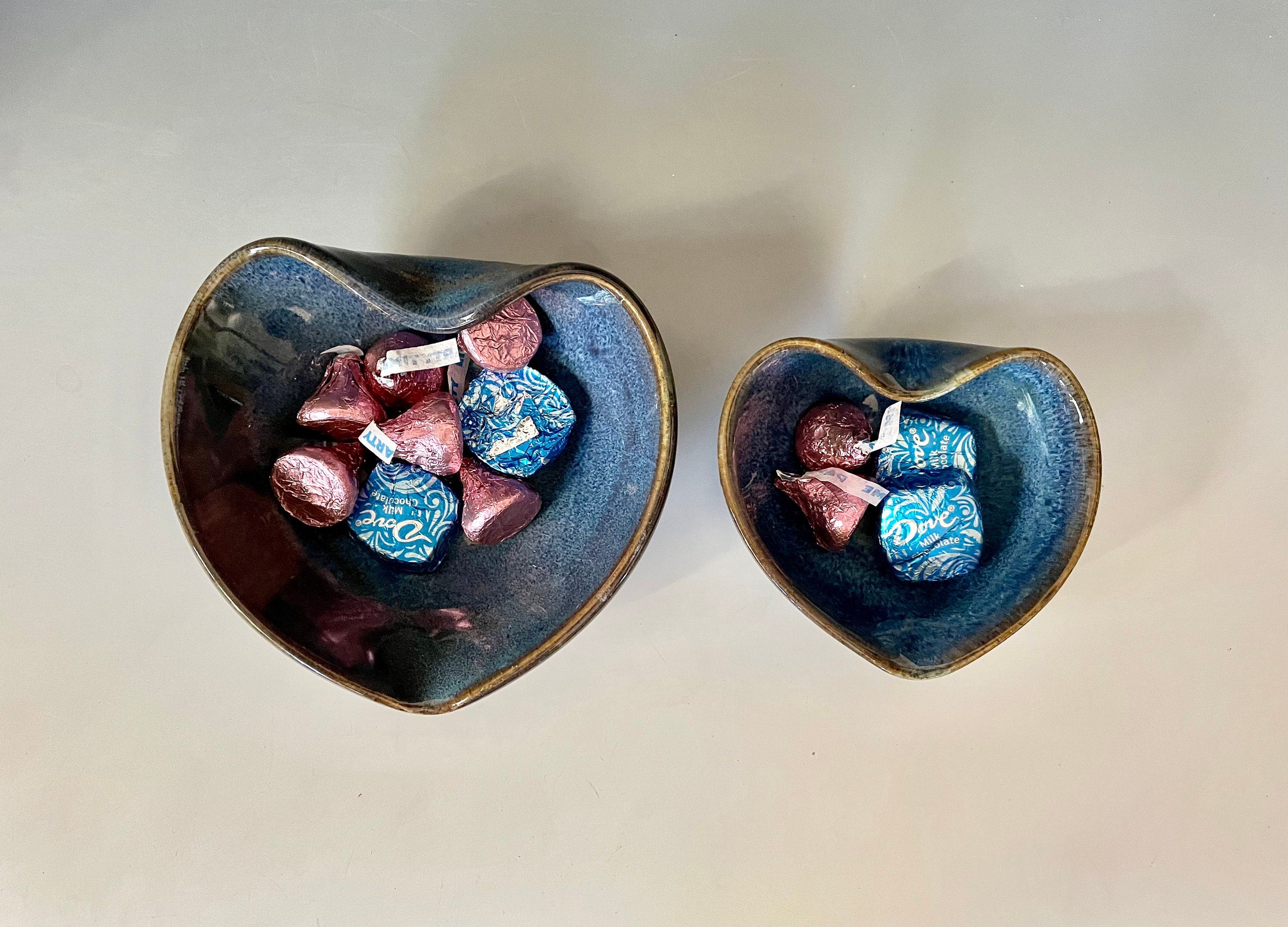 Blue Pottery Heart Nesting Bowls: Handmade Ceramic Set. Wedding gift. valentine gift