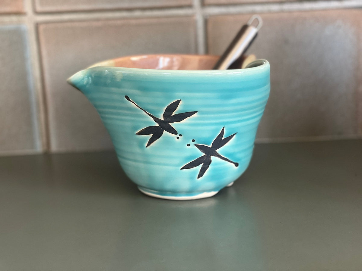 Handmade Pottery Dragonfly Mixing Bowl with whisk.Ergonomic Pottery Batter Bowl, Chef Gift. Pancake Bowl. Egg bowl. Gift for Mom.
