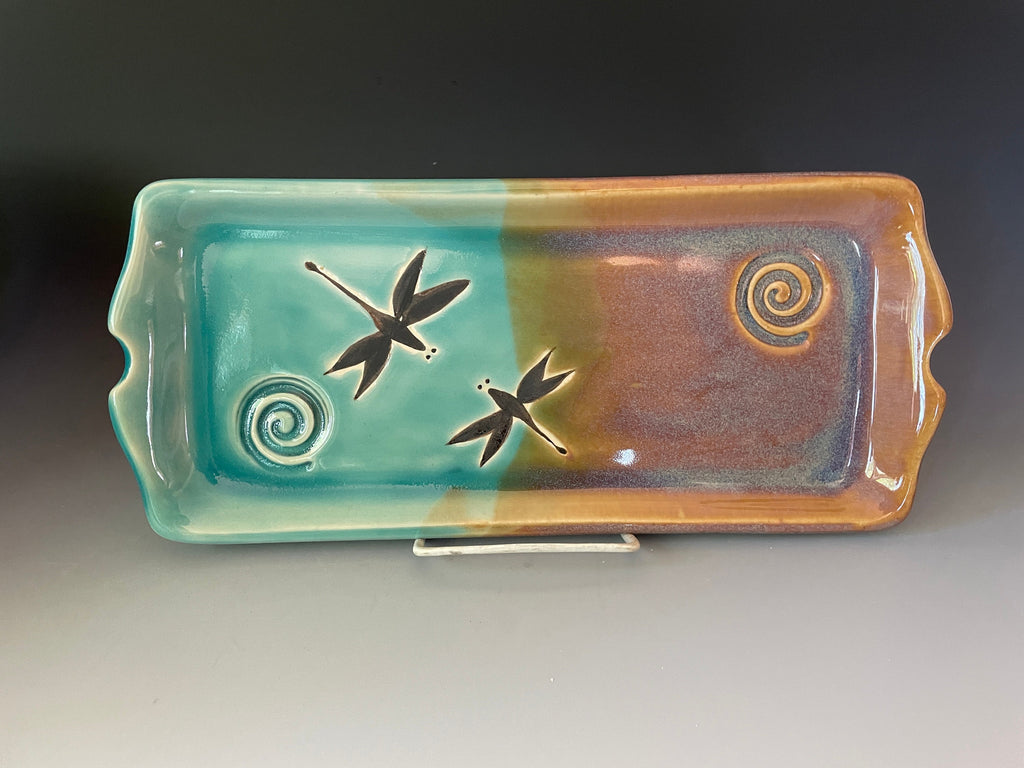 Dragonfly Pottery Charcuterie Tray: Teal Opal Glaze, Stoneware Serving Dish