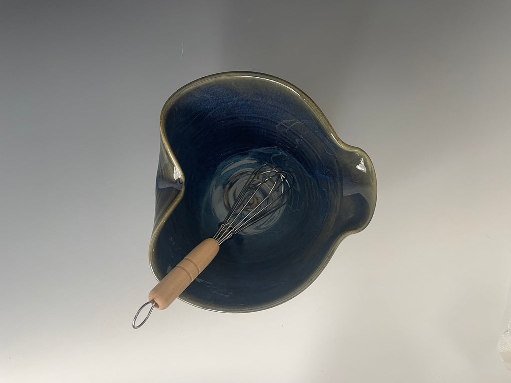 Blue pottery mixing bowl. Ergonomic pottery batter bowl. Gift for Chef. Gift set for Dad. Blue pancake bowl.Made in the USA.