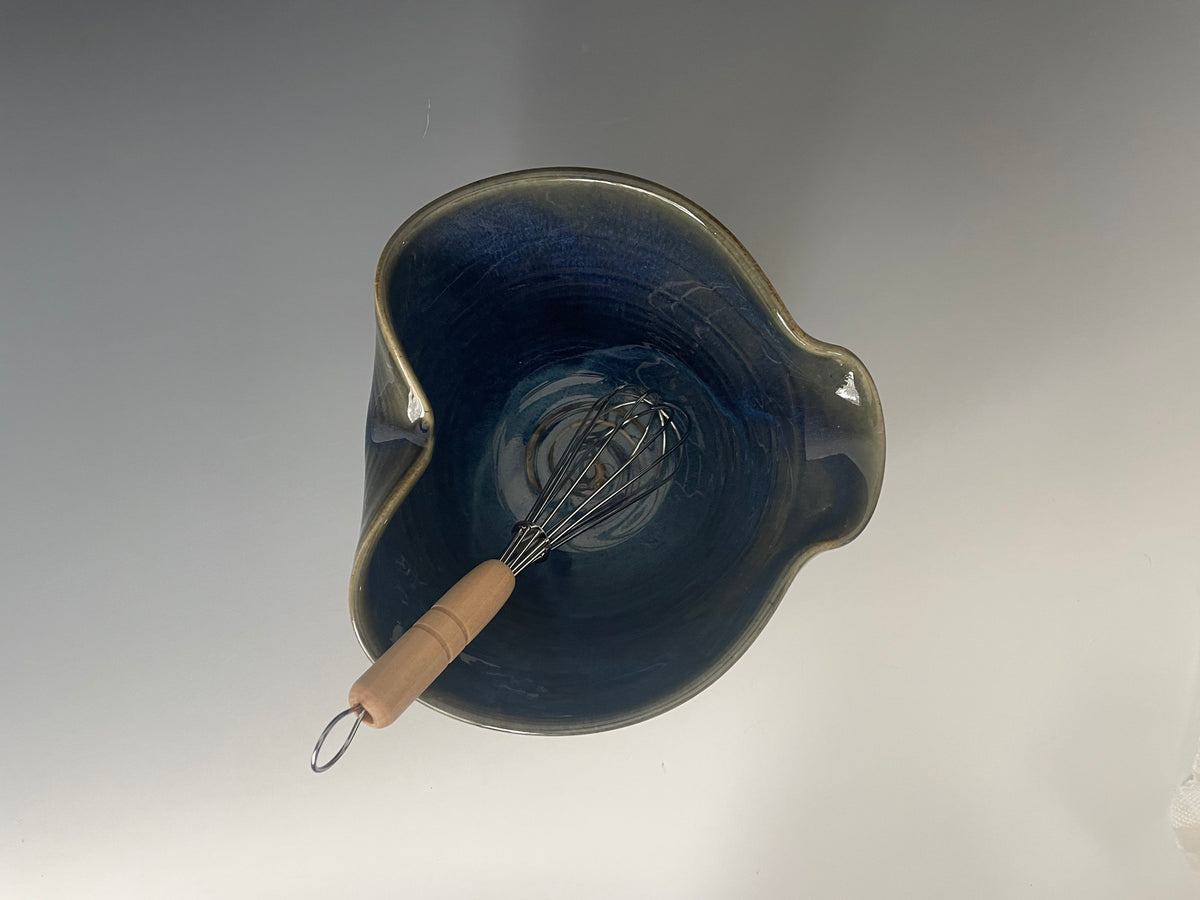 Blue pottery mixing bowl. Ergonomic pottery batter bowl. Gift for Chef. Gift set for Dad. Blue pancake bowl.Made in the USA.