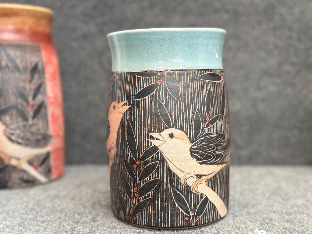 Handcrafted  Pottery Bird vase. Sgraffito Pottery, unique vase. 6 inches tall 4.5 inches wide.