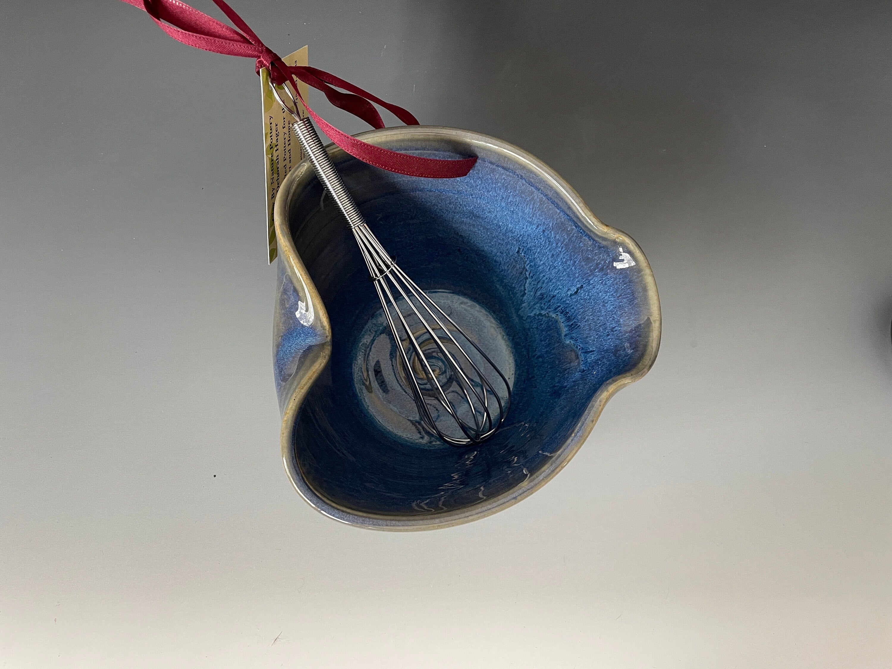 Blue Pottery Mixing Bowl with Whisk: Handmade Ceramic Batter Bowl