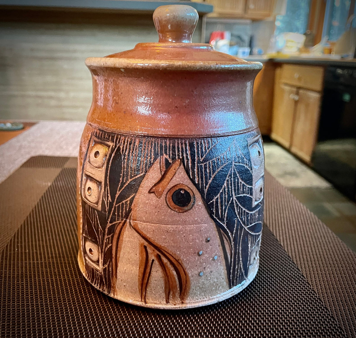 Unique handmade pottery jar, fish pottery utensil  jar, small crock for tools.
