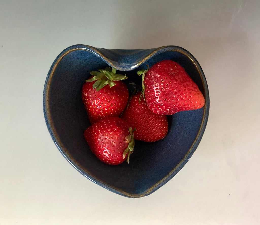 Handmade pottery heart. Blue heart dish.Kitchen prep bowl. 5.25 inches wide by 1.25 inches tall blue bowl.