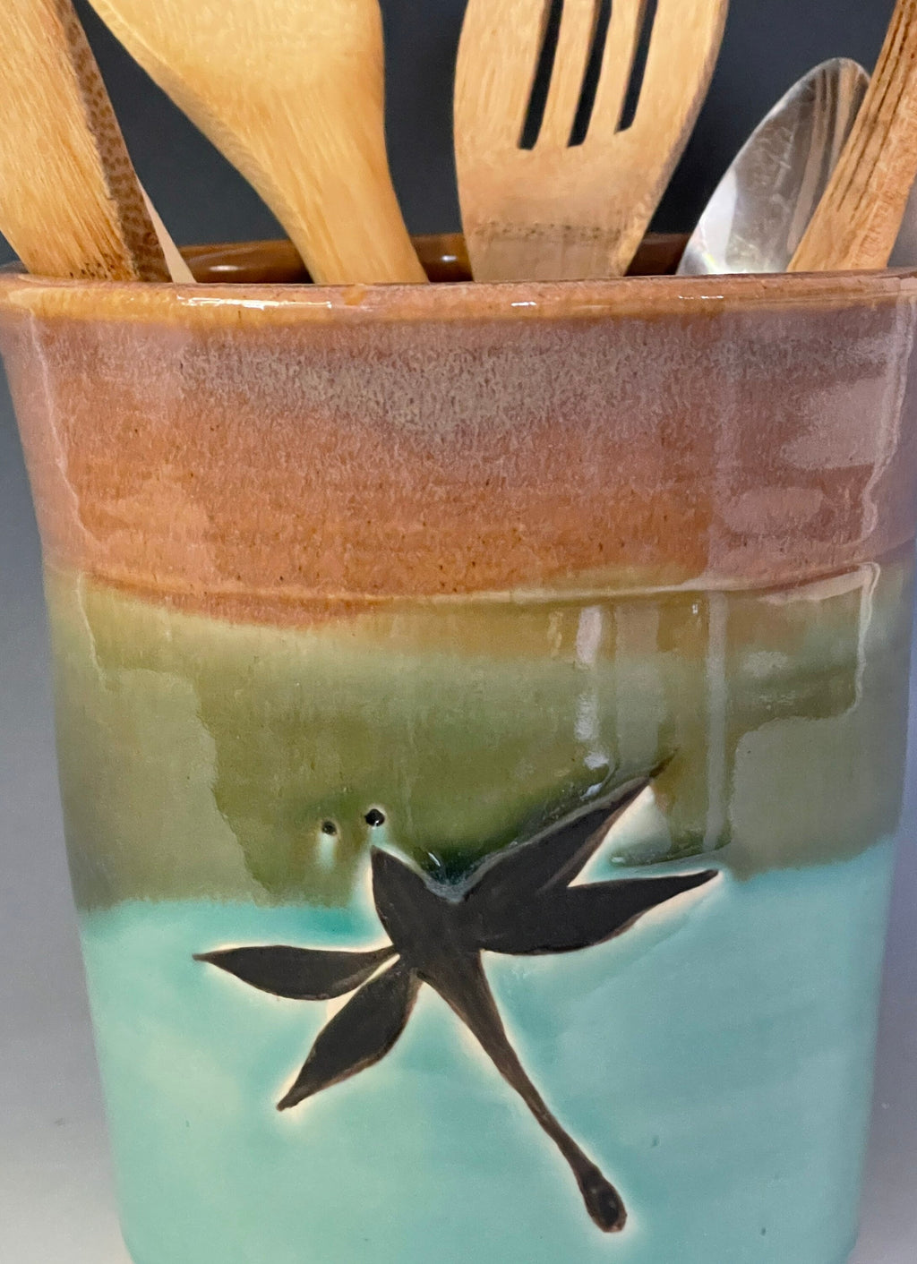 Handmade Pottery Dragonfly Vase: Teal Kitchen Crock, Colorado Art. Ceramic utensil jar.
