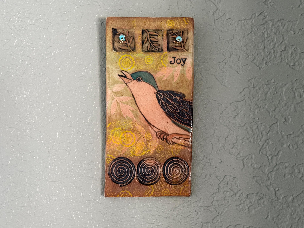 Handmade pottery bird  tile. Hand drawn, sgraffito carved. Ceramic Wall decor. 4 x 8 inch hand painted bird tile. One of a kind wall Art.