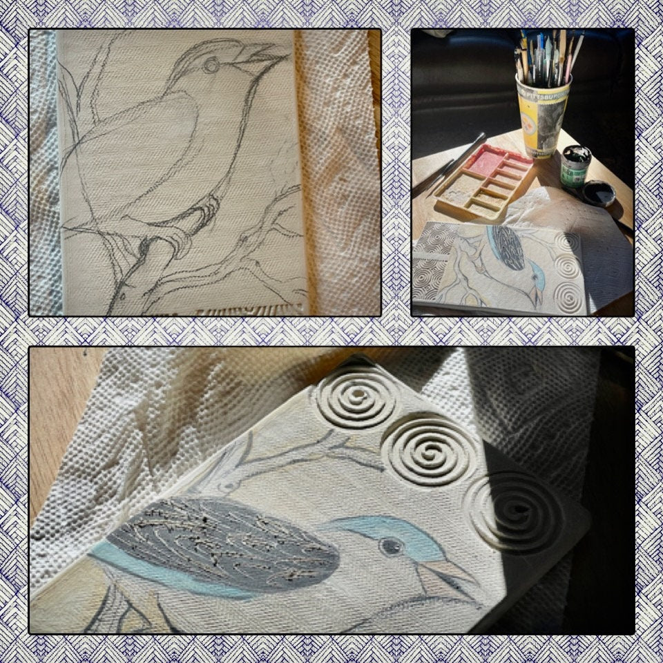 Handmade pottery bird  tile. Hand drawn, sgraffito carved. Ceramic Wall decor. 4 x 8 inch hand painted bird tile. One of a kind wall Art.