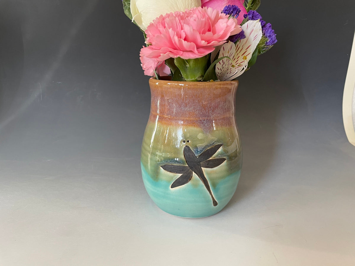 Handmade pottery vase for Mother's Day gift. 5 inch Dragonfly Art Deco Vase.