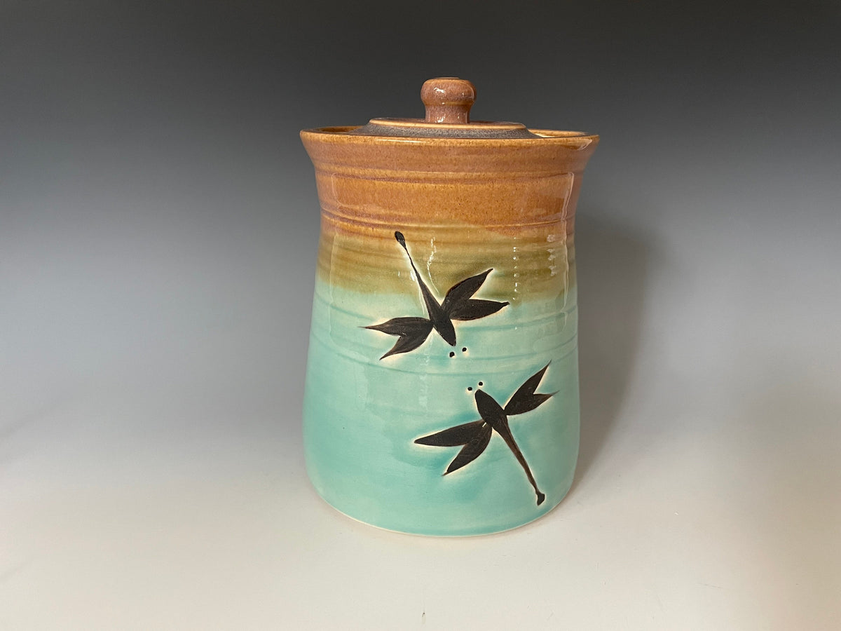 Dragonfly cookie jar 6 inches tall. beige and Turquoise colors .Fast shipping Kitchen container.Spring decor.