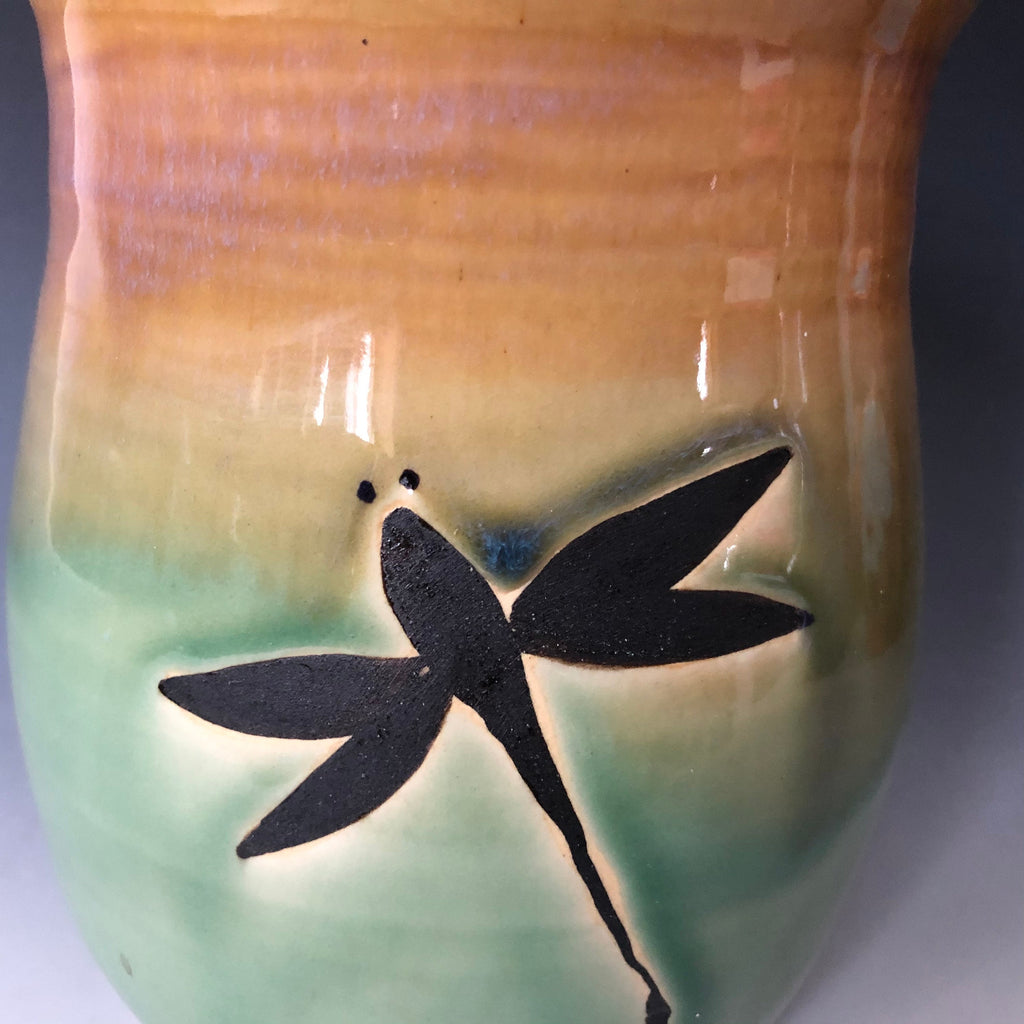 Handmade Pottery Cookie Jar. Dragonfly Kitchen Storage Container. Mint green kitchen crock. 5.5 inch coffee jar.