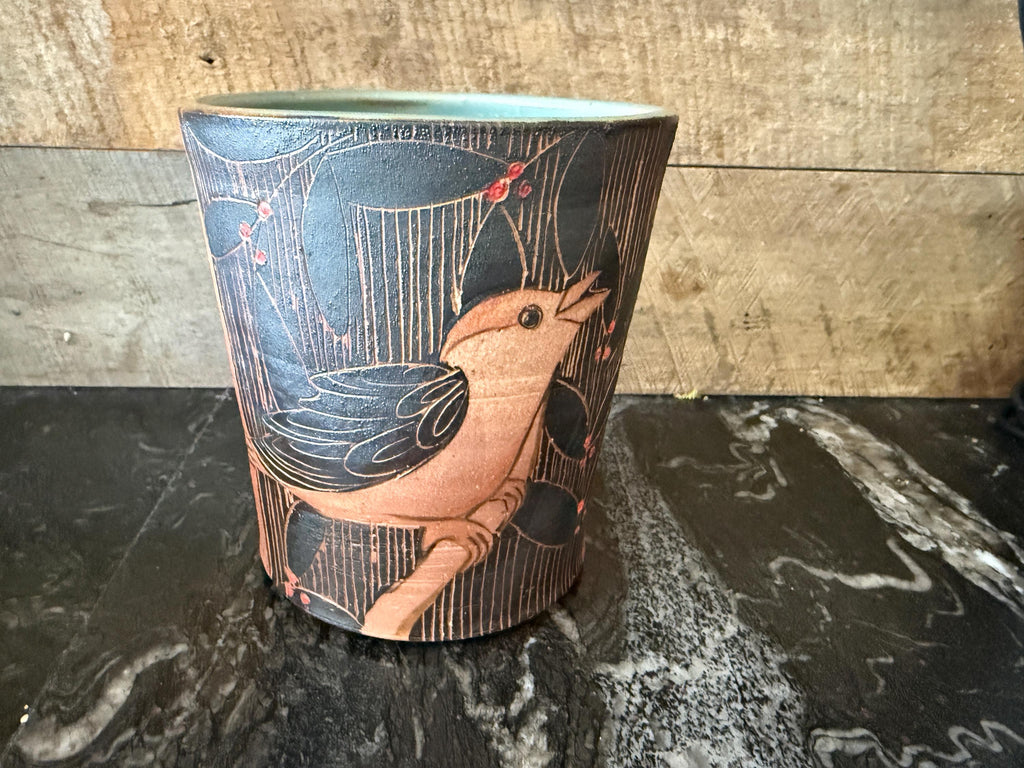 Handmade pottery tool caddy. Pottery bird vase. Ceramic bird vase. 6 inch kitchen crock.