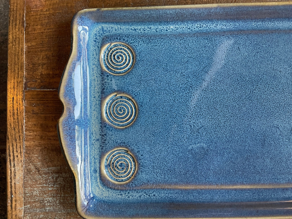 Blue Tray. Handmade Pottery Blue Plate. Blue Ceramic Serving Tray with spiral pattern, grilled meat tray 13 inch by 8 inch. Made to order.
