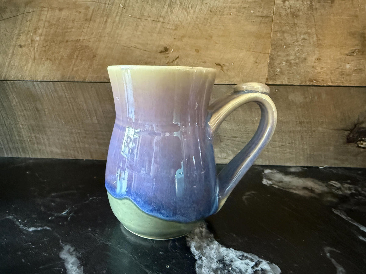 Handmade pottery Lilac and blue coffee Cup, 12 -14 ounce ceramic mug with thumb rest.Multi colored mug. Made in the U.S.A.