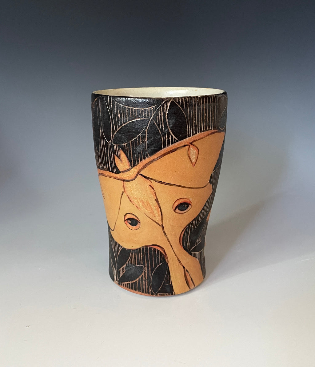 Handmade Pottery Luna Moth tumbler. Free fast, Shipping. Hand Painted Luna Cup. Petite pottery Valentine vase.