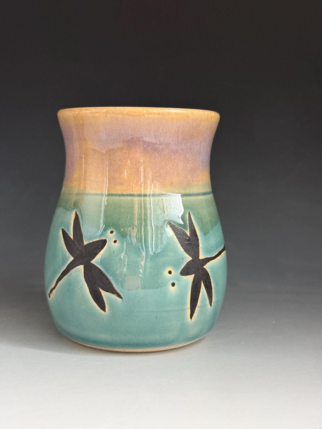 Handmade Dragonfly Pottery Vase: Blue Stoneware Bud Vase. Made In USA.