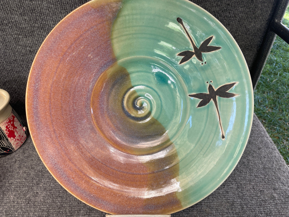 Pottery serving bowl. Dragonfly pottery small salad bowl. 11  x 2.5 wide inch serving bowl. Coffee table Center piece.Made to order platter
