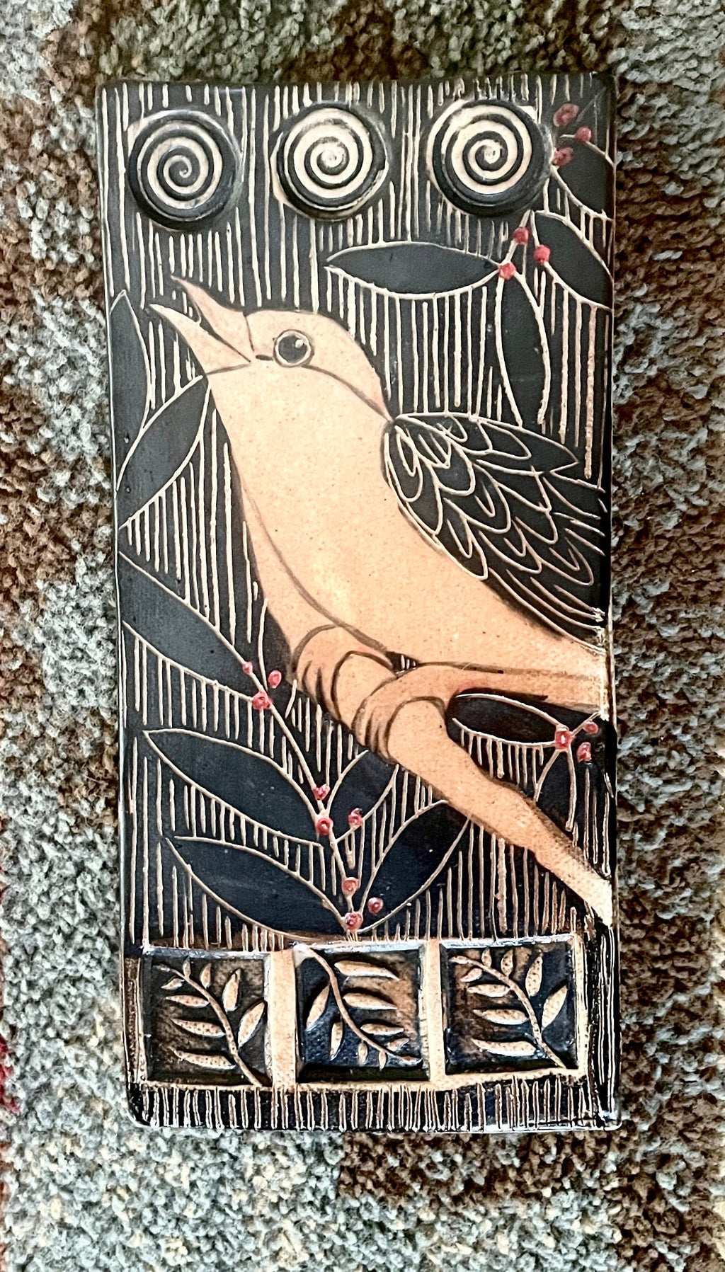 Handmade pottery bird  tile. Hand drawn, sgraffito carved. Ceramic Wall decor. 4 x 8 inch hand painted bird tile. One of a kind wall Art.