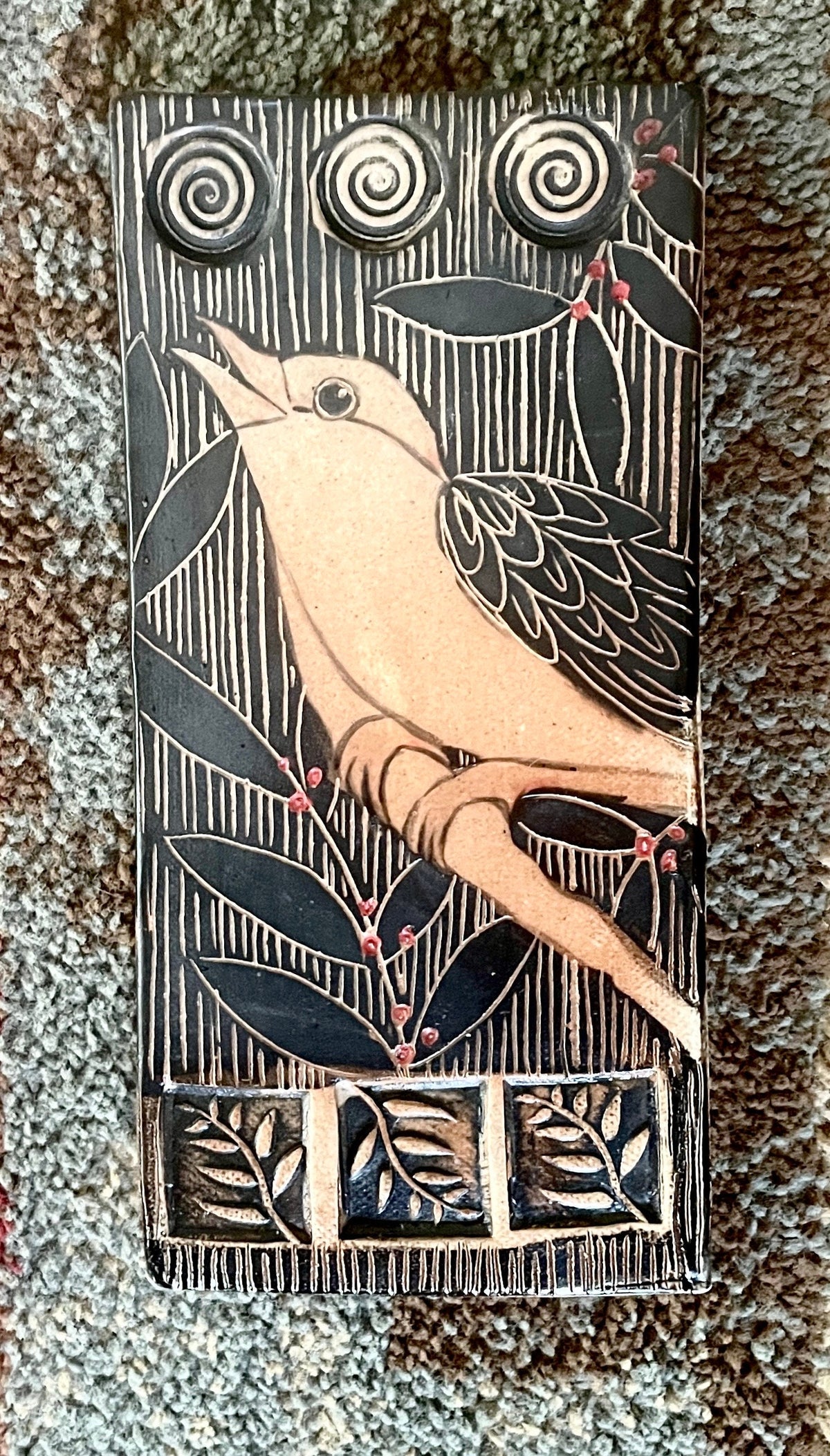 Handmade pottery bird  tile. Hand drawn, sgraffito carved. Ceramic Wall decor. 4 x 8 inch hand painted bird tile. One of a kind wall Art.