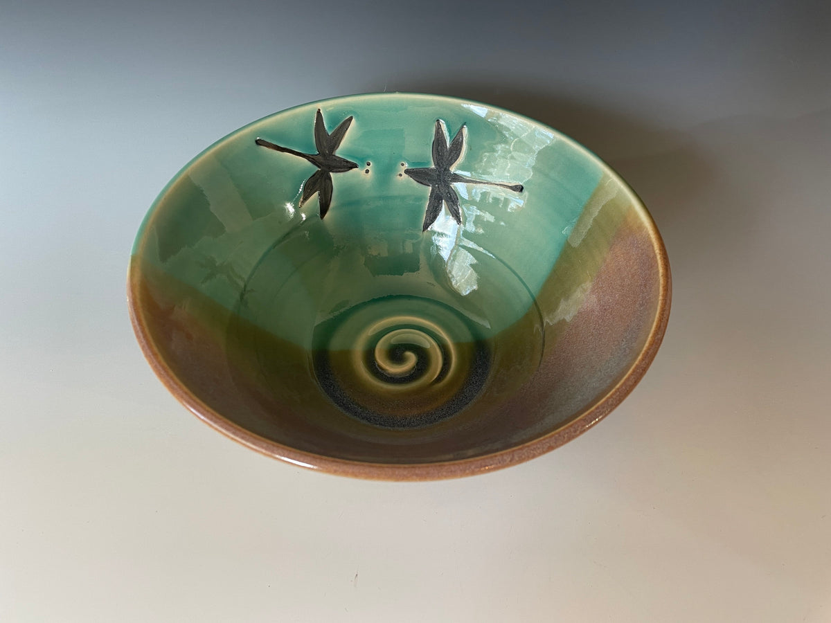 Handmade Ceramic Dragonfly Bowl: Teal Glaze Pottery, 8 inch