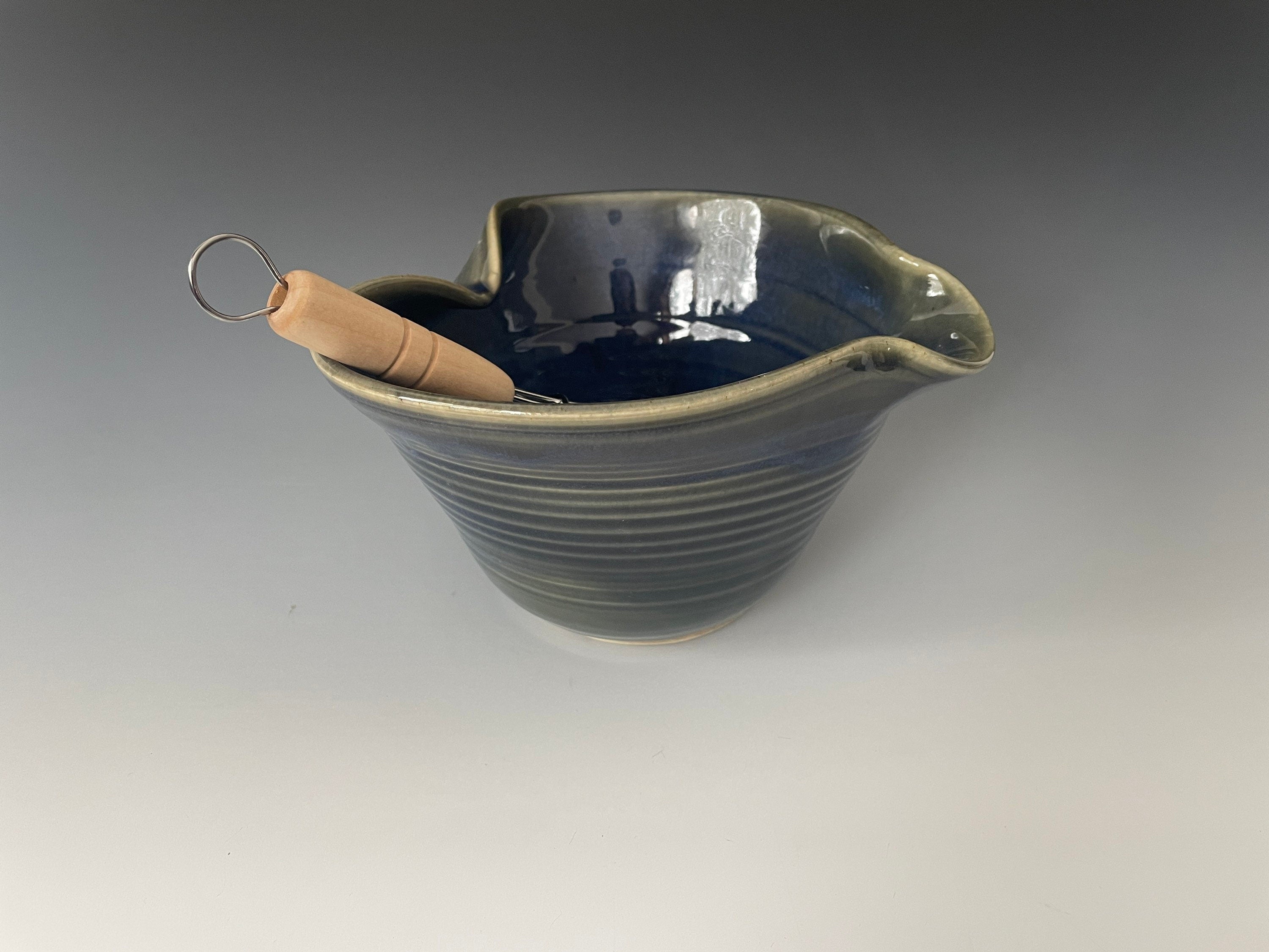 Blue pottery mixing bowl. Ergonomic pottery batter bowl. Gift for Chef. Gift set for Dad. Blue pancake bowl.Made in the USA.