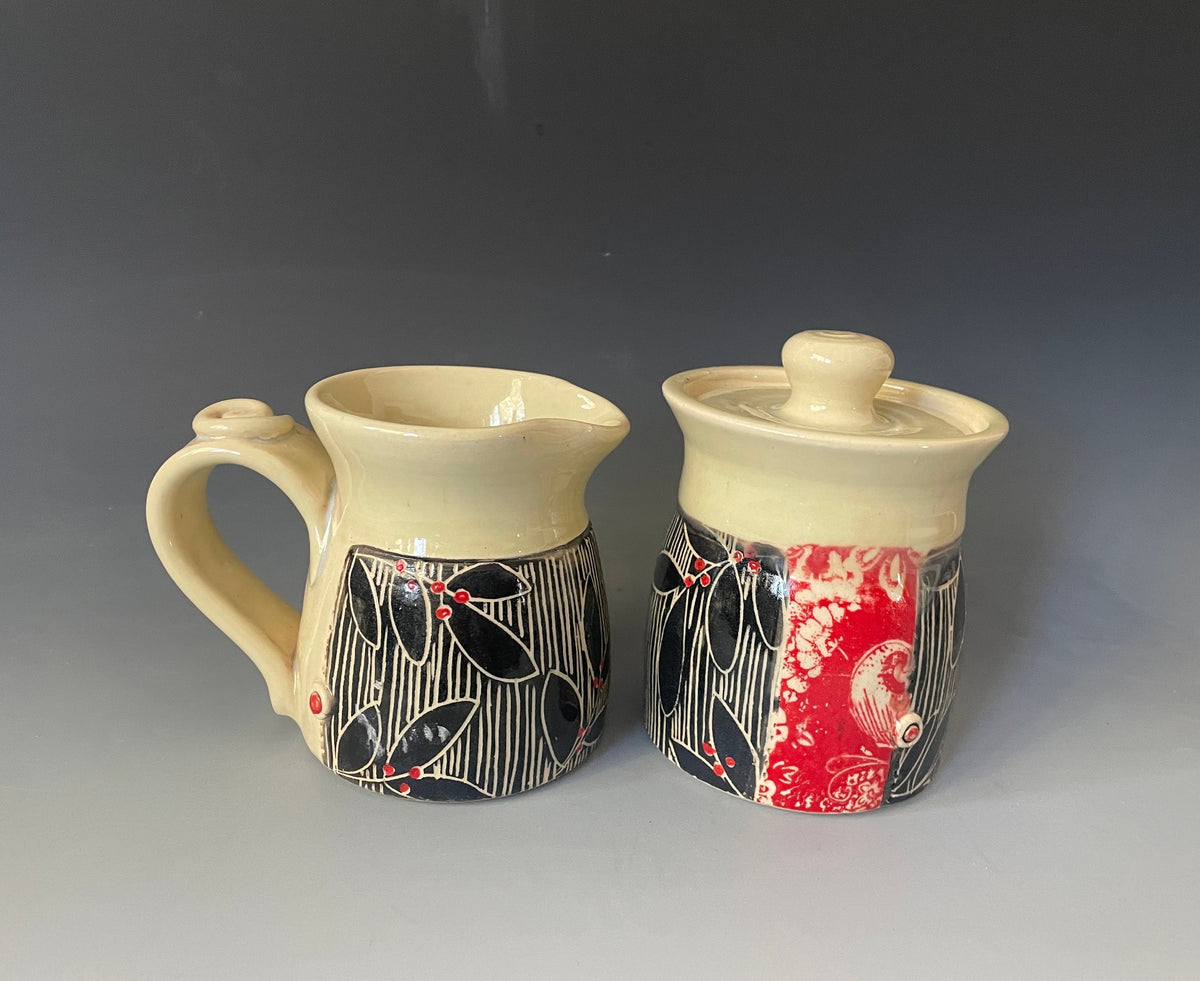 Pottery Cream and Sugar Set, Leaf design kitchen decor. black white and Red Breakfast Set, Handmade Pottery Kitchen Set.