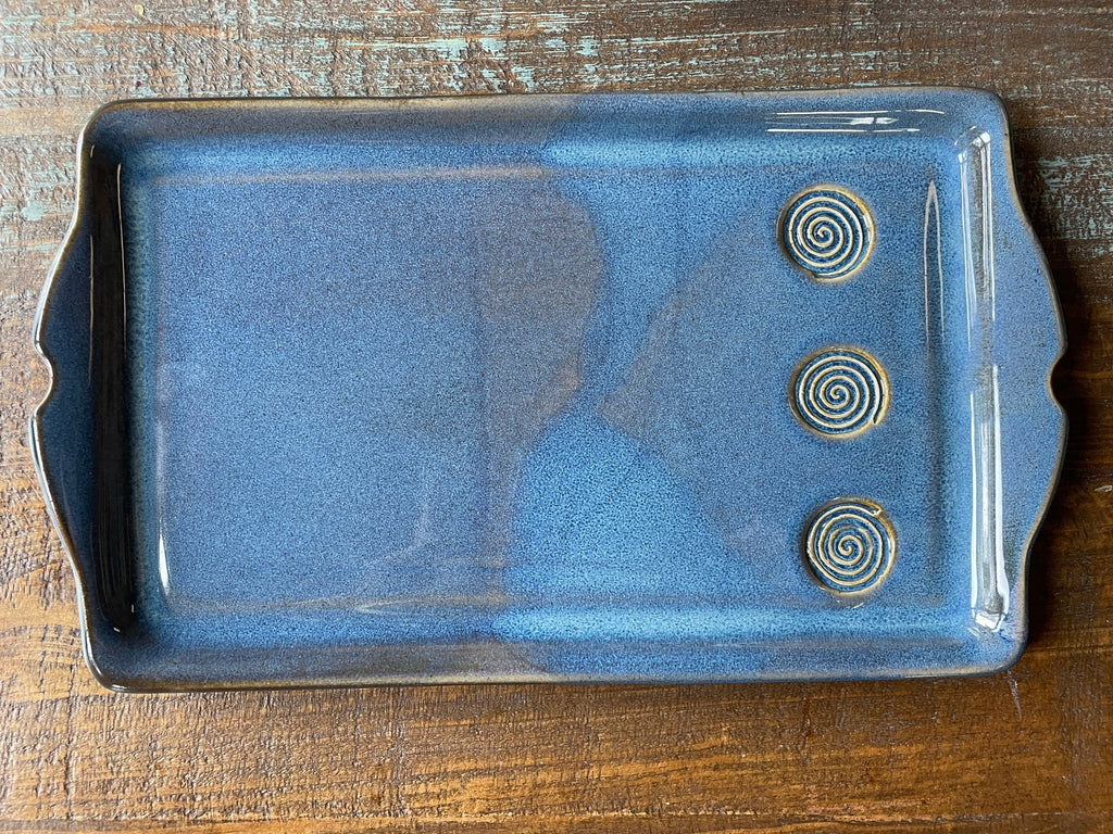 Blue Tray. Handmade Pottery Blue Plate. Blue Ceramic Serving Tray with spiral pattern, grilled meat tray 13 inch by 8 inch. Made to order.
