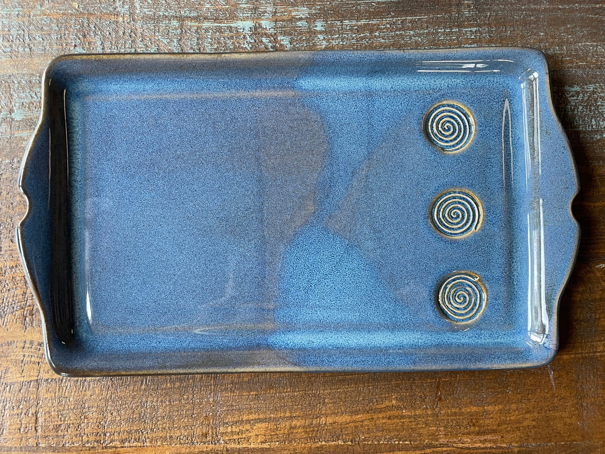 Blue Tray. Handmade Pottery Blue Plate. Blue Ceramic Serving Tray with spiral pattern, grilled meat tray 13 inch by 8 inch. Made to order.