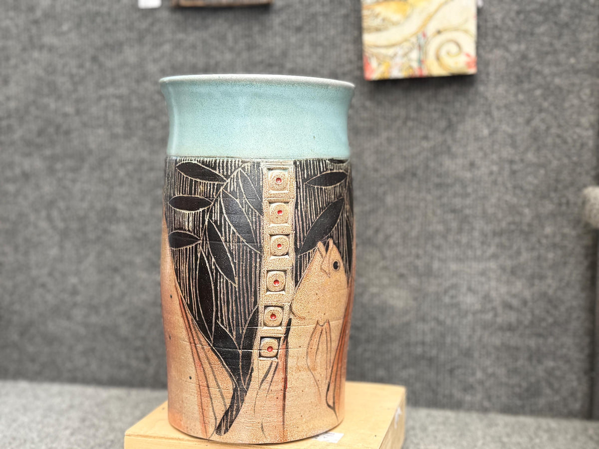 Large Art Nouveau fish vase. Sgraffito Art Deco 11 inch vase. Gift for Dad.Hand Painted pottery vase.Office decor.