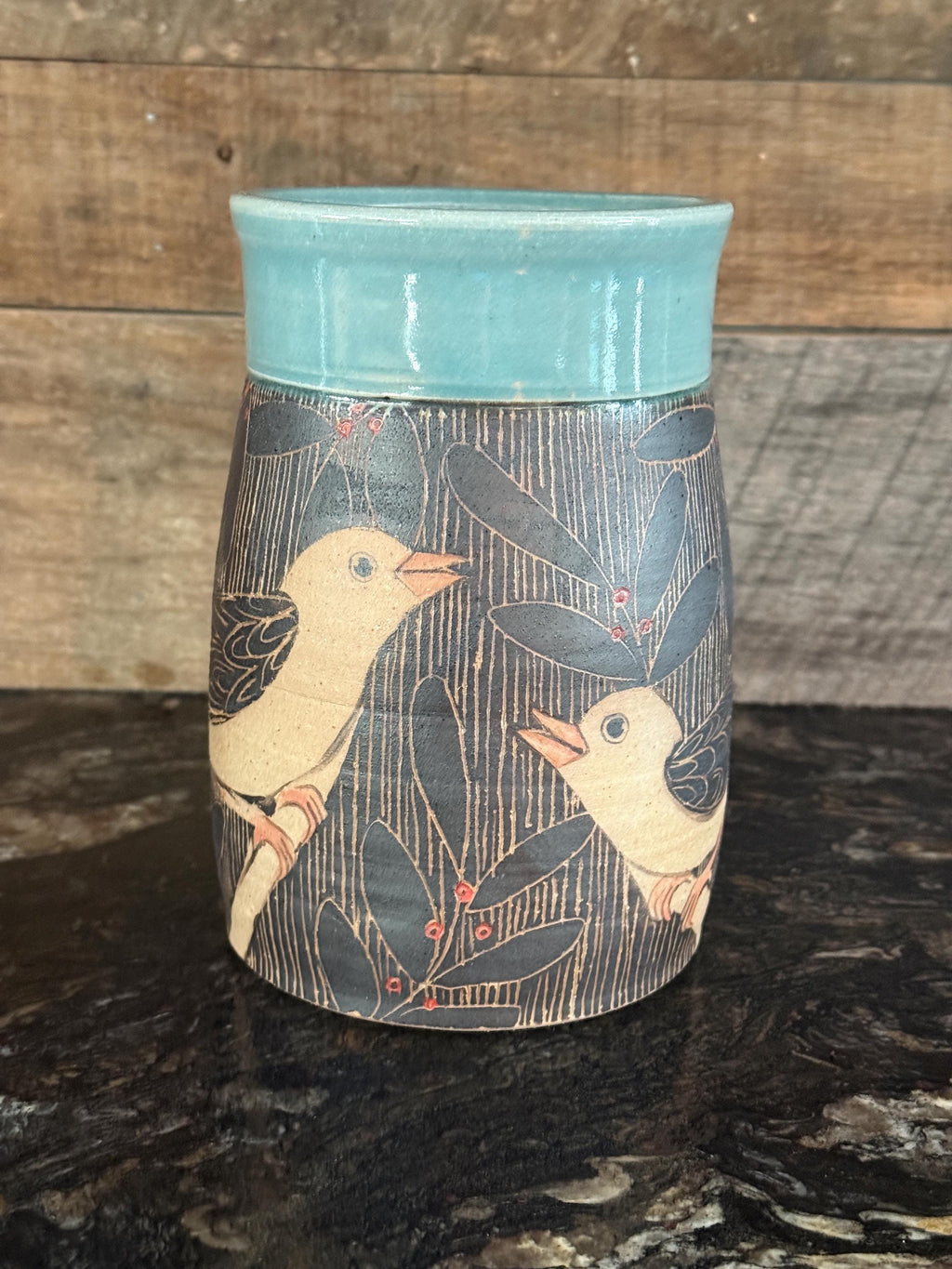 Handcrafted  Pottery Bird vase. Sgraffito Pottery, unique vase. 6 inches tall 4.5 inches wide.