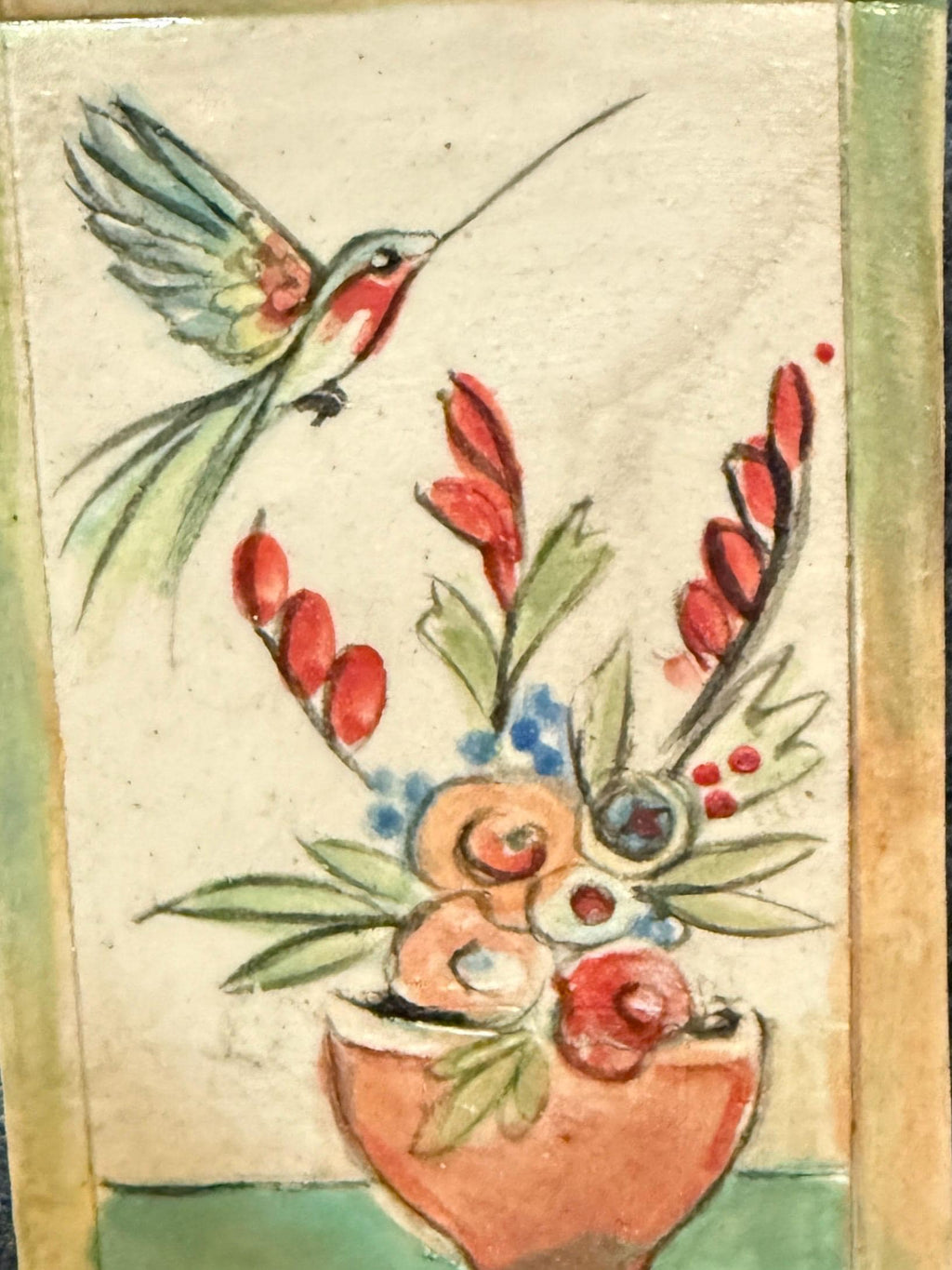 Hand Painted Ceramic Tile: Hummingbird Floral Art. Small ceramic tile. Humming bird and floral still life.
