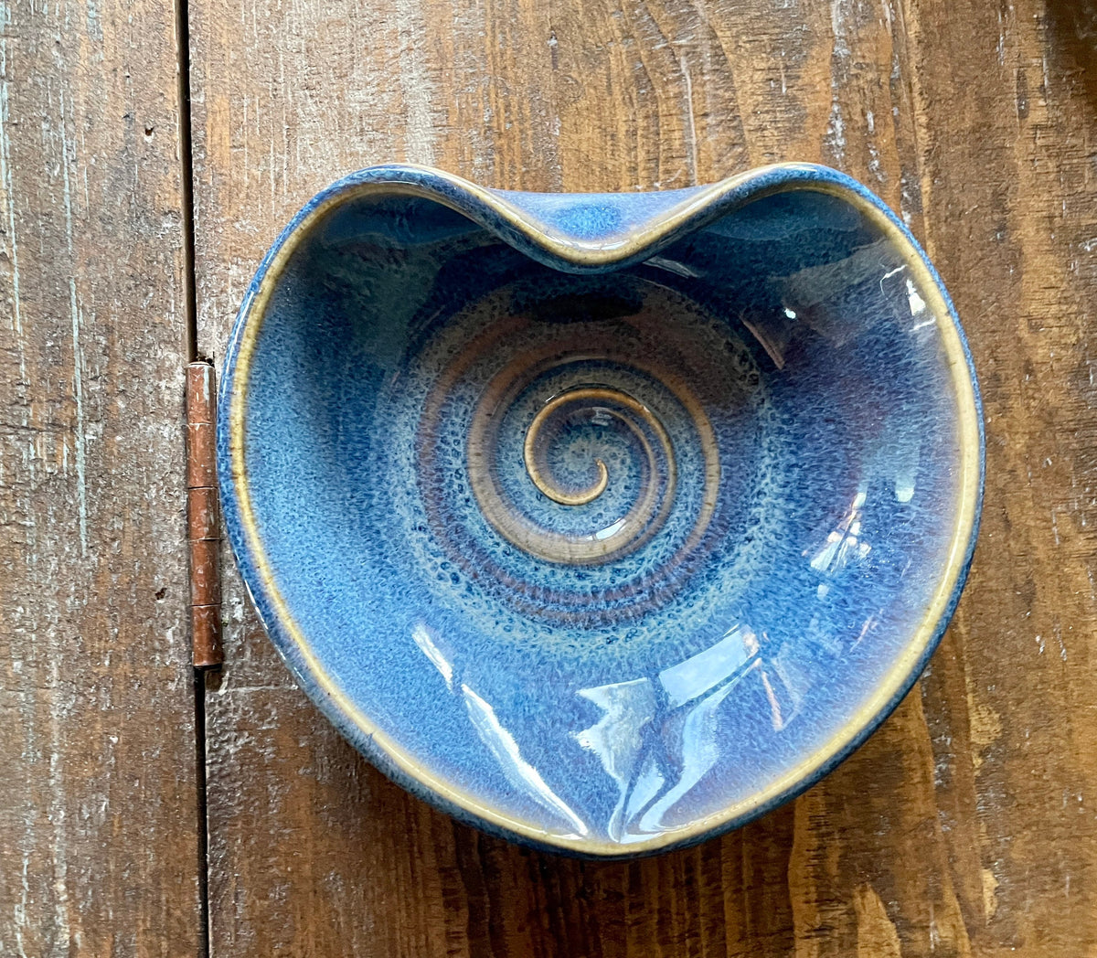 Handmade pottery heart. Blue heart dish.Kitchen prep bowl. 5.25 inches wide by 1.25 inches tall blue bowl.