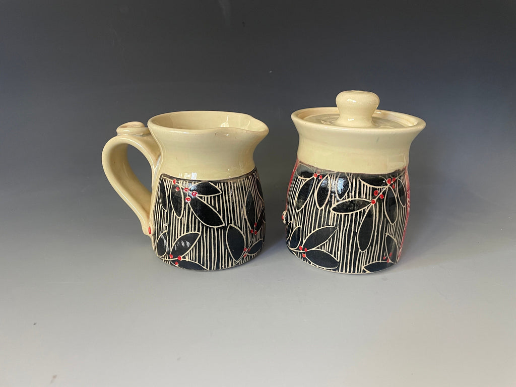 Pottery Cream and Sugar Set, Leaf design kitchen decor. black white and Red Breakfast Set, Handmade Pottery Kitchen Set.