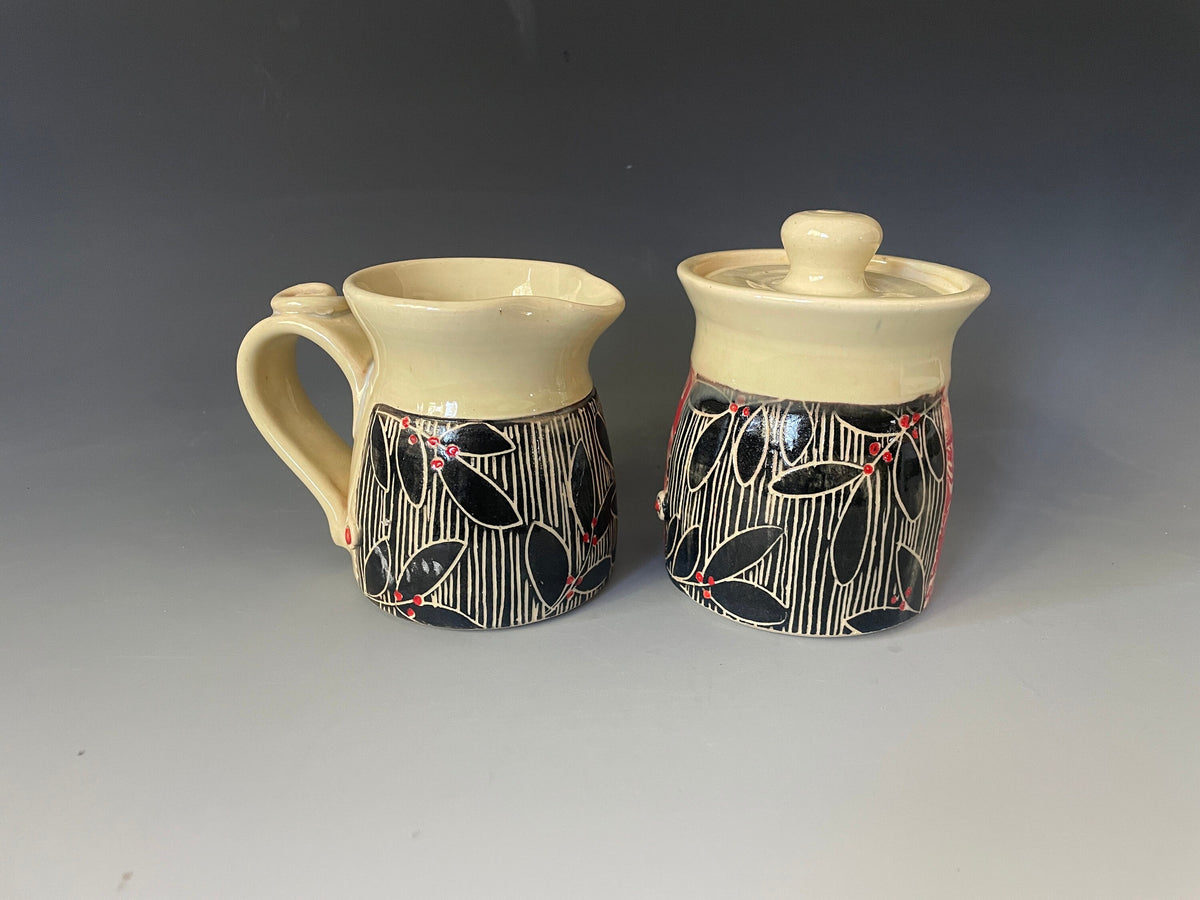 Pottery Cream and Sugar Set, Leaf design kitchen decor. black white and Red Breakfast Set, Handmade Pottery Kitchen Set.