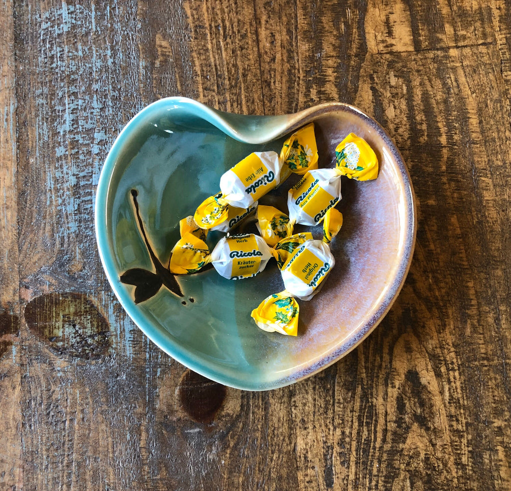 Pottery Dragonfly Heart Bowl: Handmade Teal Jewelry Dish. Made in the USA.