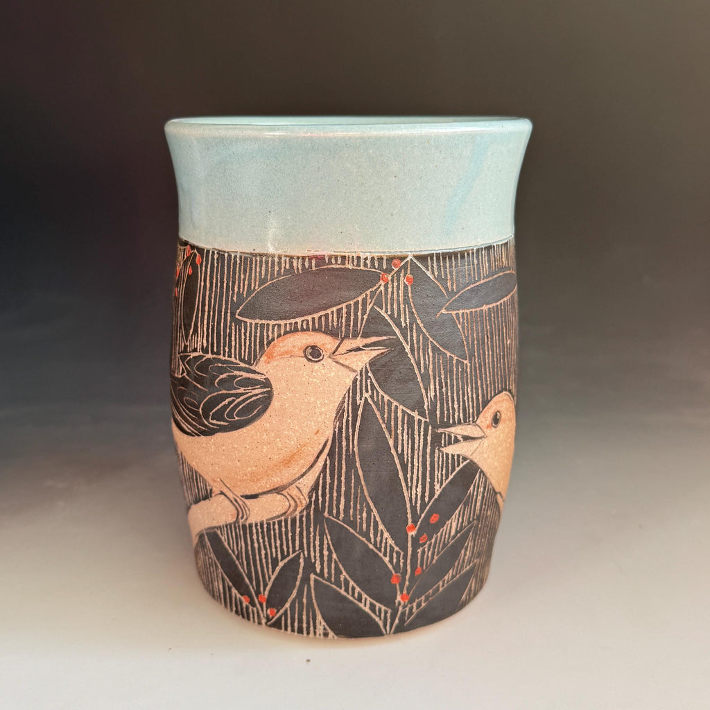 Handmade Sgraffito Bird Pottery Vase: Stoneware Spoon Jar, Hand painted Vase. Colorado Artist.